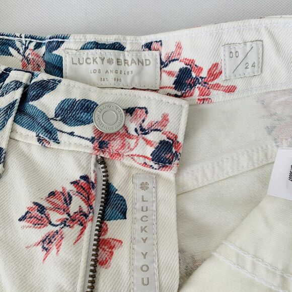 Lucky Brand Shorts Women 24 White Denim Floral Pink Jean Preppy Boho Festival - Picture 3 of 8